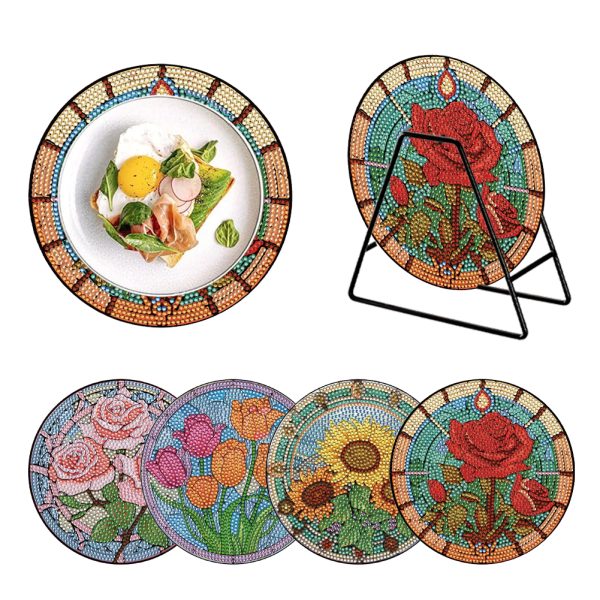 4PCS Wooden Diamond Painted Placemats for Dining Table Decor (Bouquet)